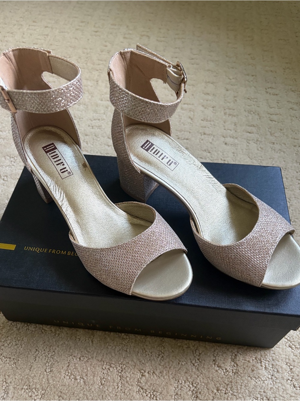Gold Ankle-Strap Block Heel Sandals